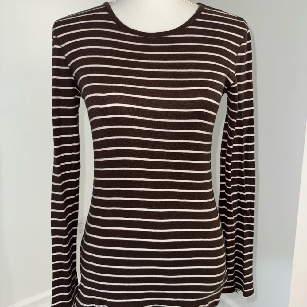 Old Navy‎ Women’s Brown White Striped Long Sleeve Cotton Top Size Medium Y2K